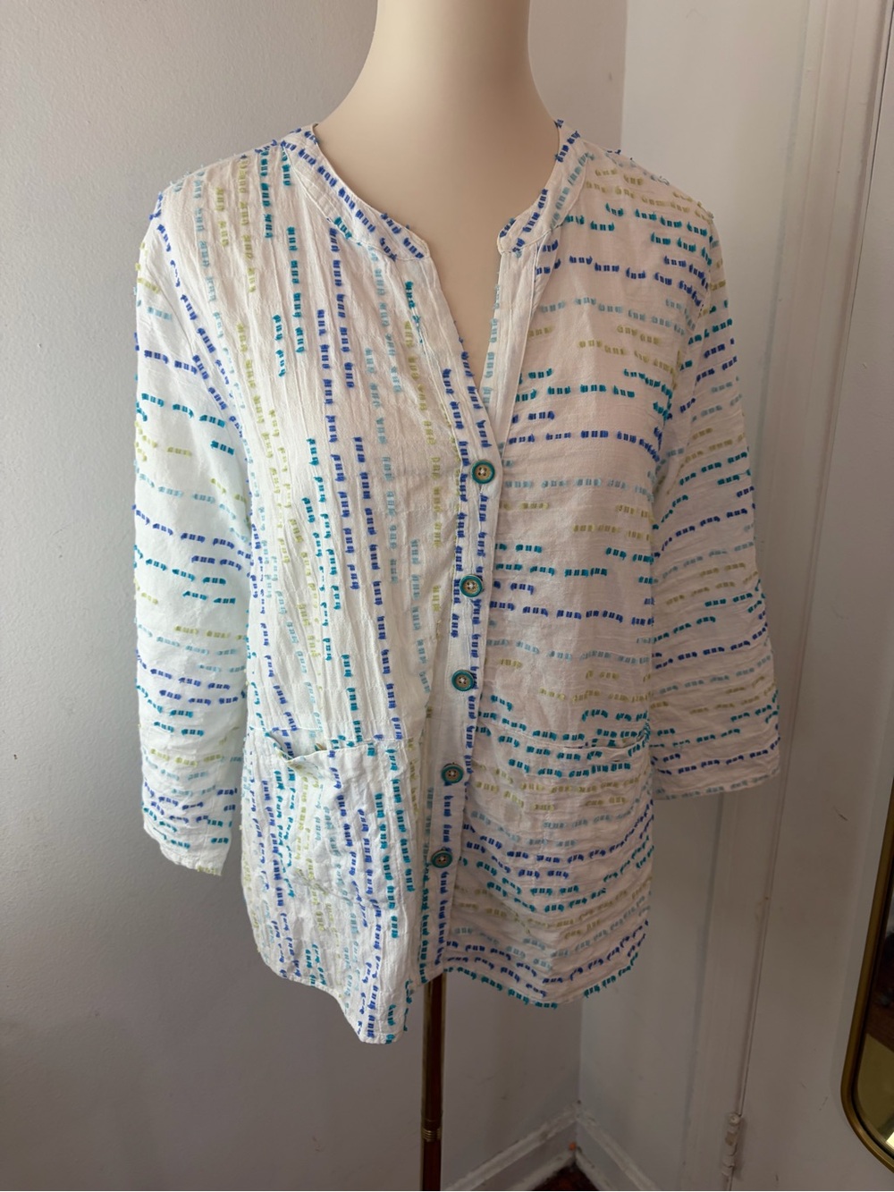 Habitat White Tunic with Blue & Green Stripe Stitching cotton Coastal